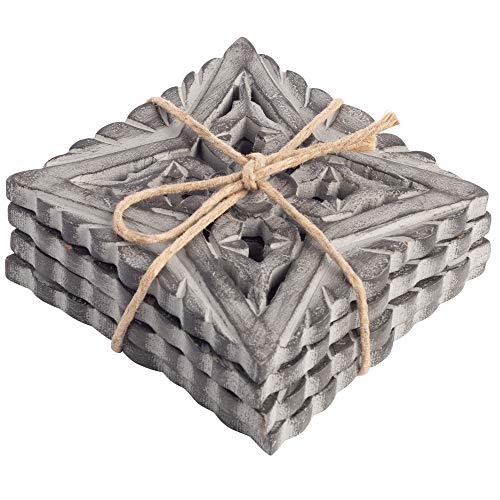 Farmhouse Decor Wood Coasters for Drinks - Kitchen Table Drink Coaster Set of 4 (Square Carved Flower Grey)