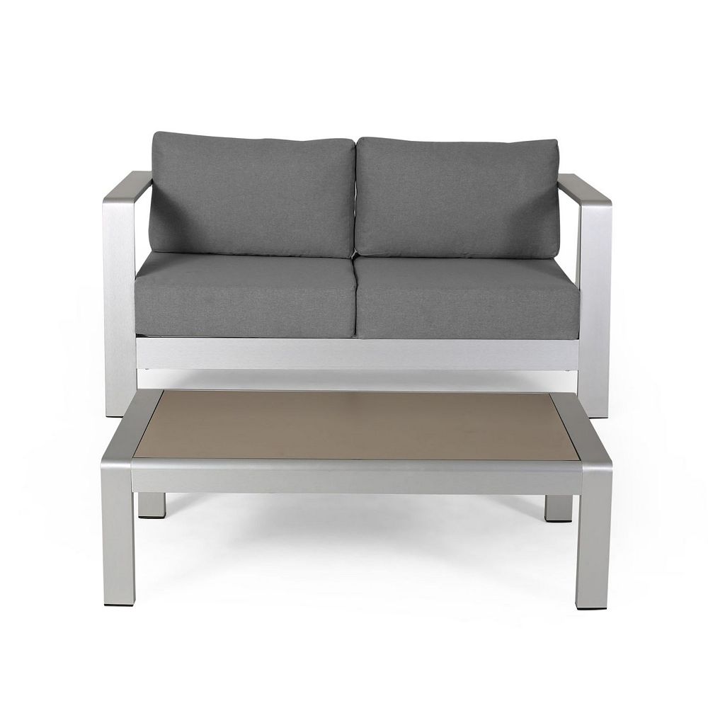 2pc Gray and Silver Contemporary Outdoor Patio Loveseat with Coffee Table 56.75