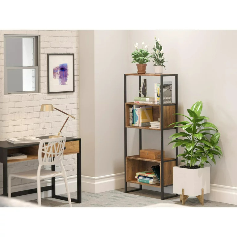 Industrial Bookcase  Black Metal Frame With Open Compartments  Natural Oak   Industrial   Bookcases   by Decorn  Houzz