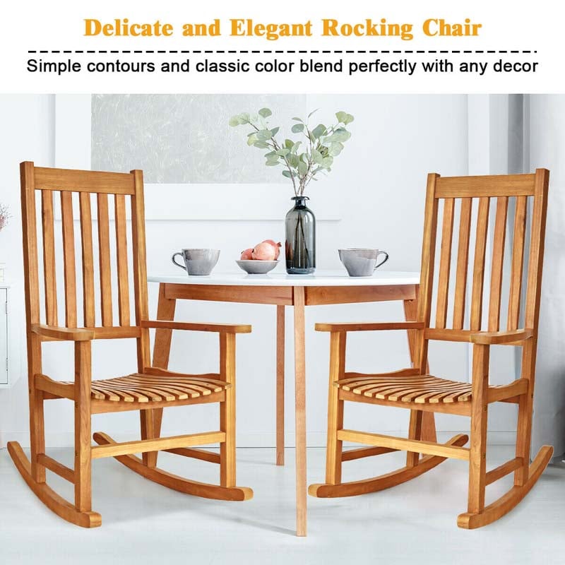 2 Pcs Acacia Wood Rocking Chairs High Back Outdoor Rocker for Porch Patio Lawn