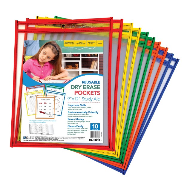 C line Reusable Dry Erase Pockets Primary Colors 9 X 12 Pack Of 10