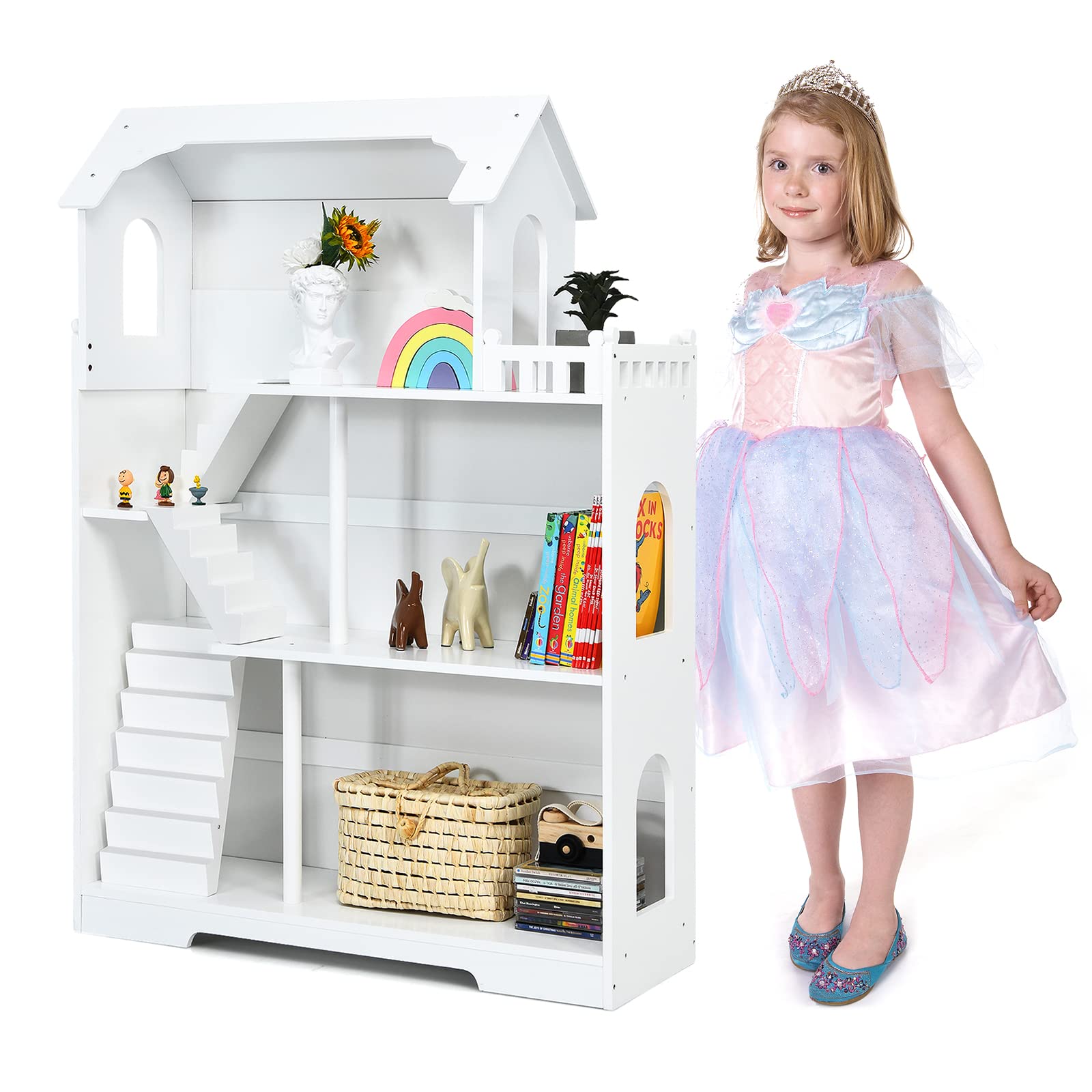 Kids Wooden Dollhouse Bookcase, 3 Story Cottage Toy