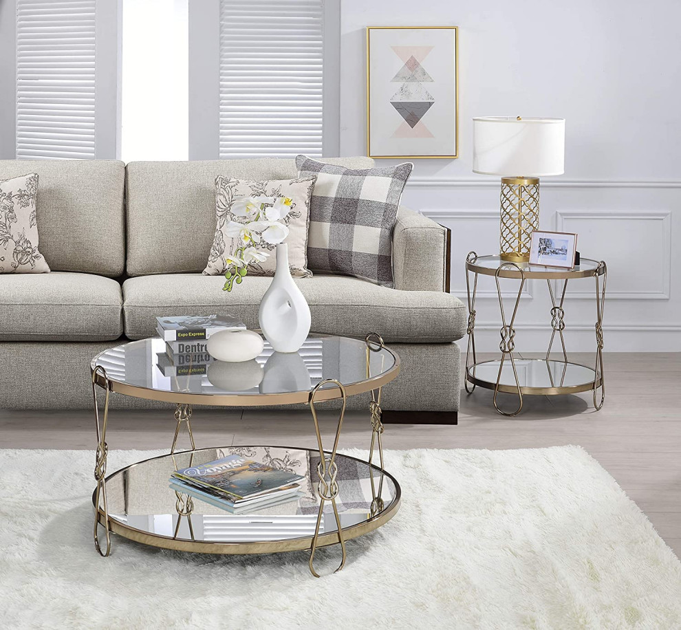 Modern Coffee Table  Metal Frame With Round Glass Top  ampMirror Shelf  Champagne   Modern   Sheds   by Declusia  Houzz