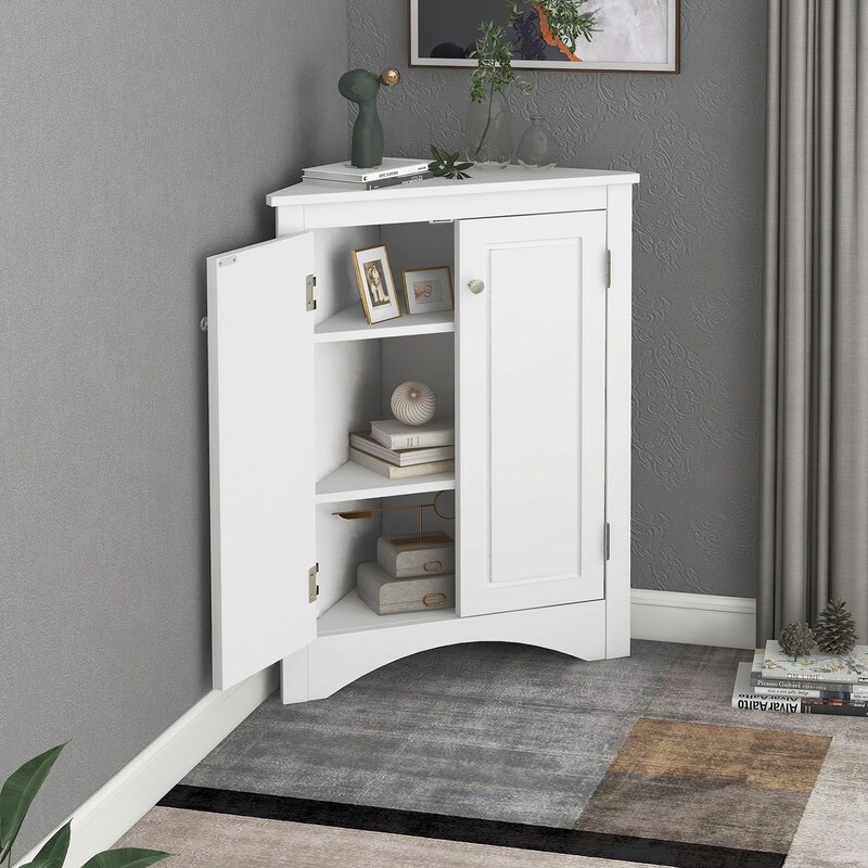 Corner Triangle Bathroom Storage Cabinet with Adjustable Shelves  Freestanding Floor Cabinet  Accent Cabinet for Living Room