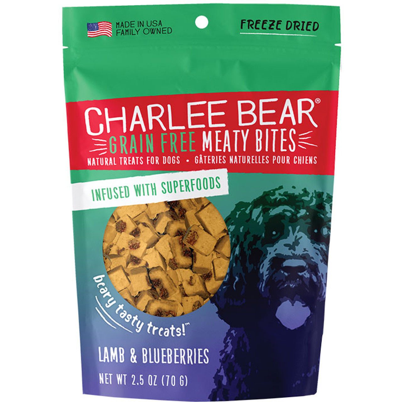 Charlee Bear Grain Free Meaty Bites Lamb and Blueberries Dog Treats， 2.5 Oz. Bag