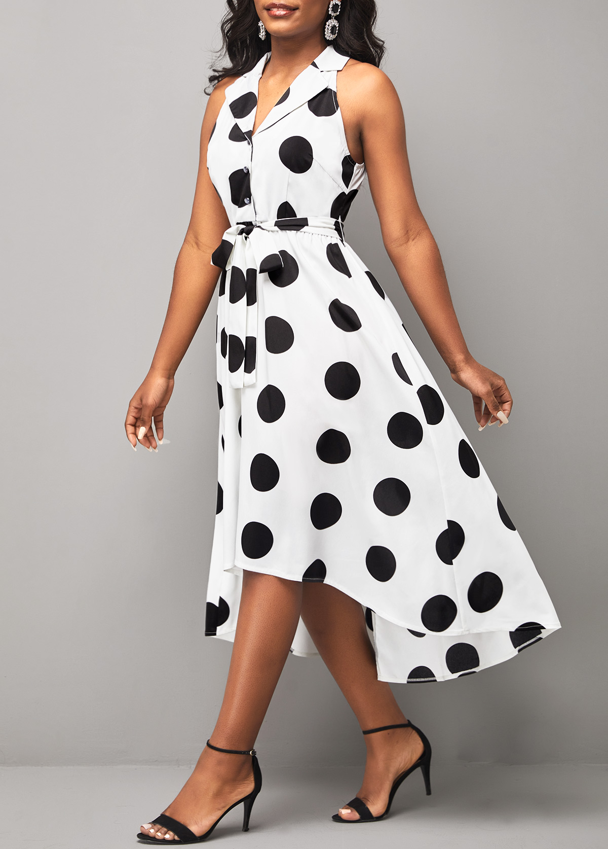 Turndown Collar Polka Dot White Belted Dress