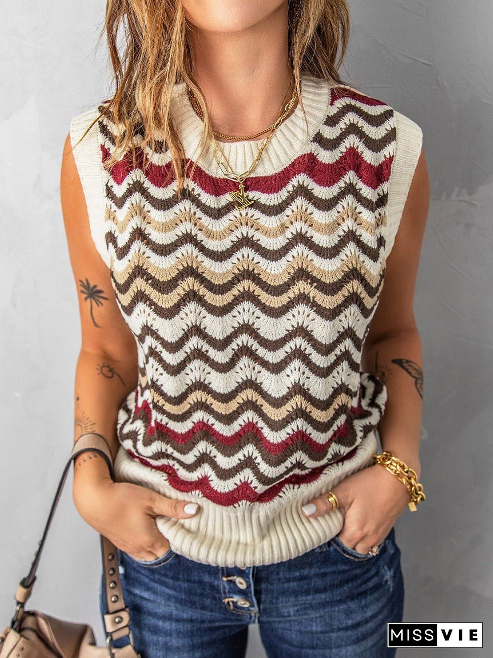 Women'S Tank Tops Wavy Stripe Crewneck Knit Tank Top