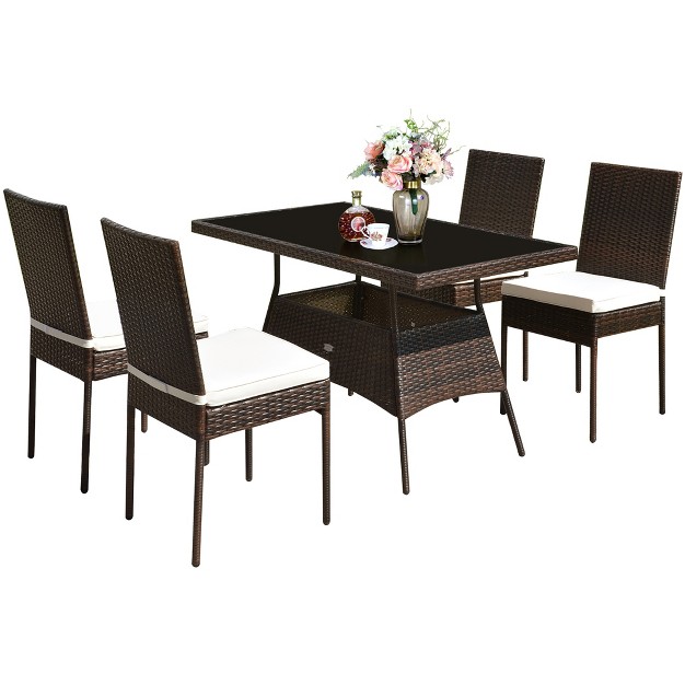 Costway 5 Pcs Patio Rattan Dining Set Glass Table High Back Chair Garden Deck Mix Brown