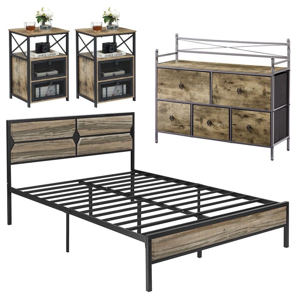 PEATUK 4 Pieces Bedroom Set with Drawer and Nightstands Set of 2  Brown/Grey Set