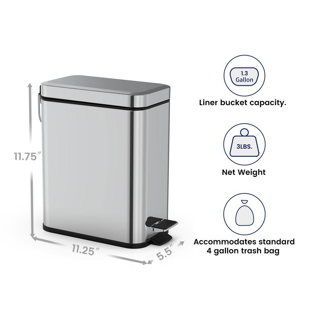 Innovaze 1.3 Gal. Slim Trash Can Stainless Steel Step On Bathroom and Office Garbage Can in Brilliant Silver Finish MGCS-AS2205