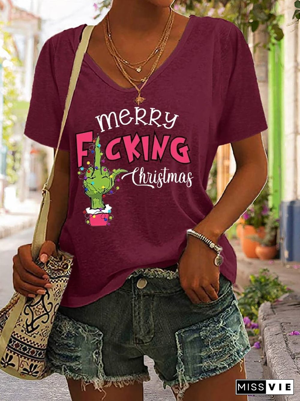 Women's Funny Merry F*cking Christmas Casual V-Neck Tee