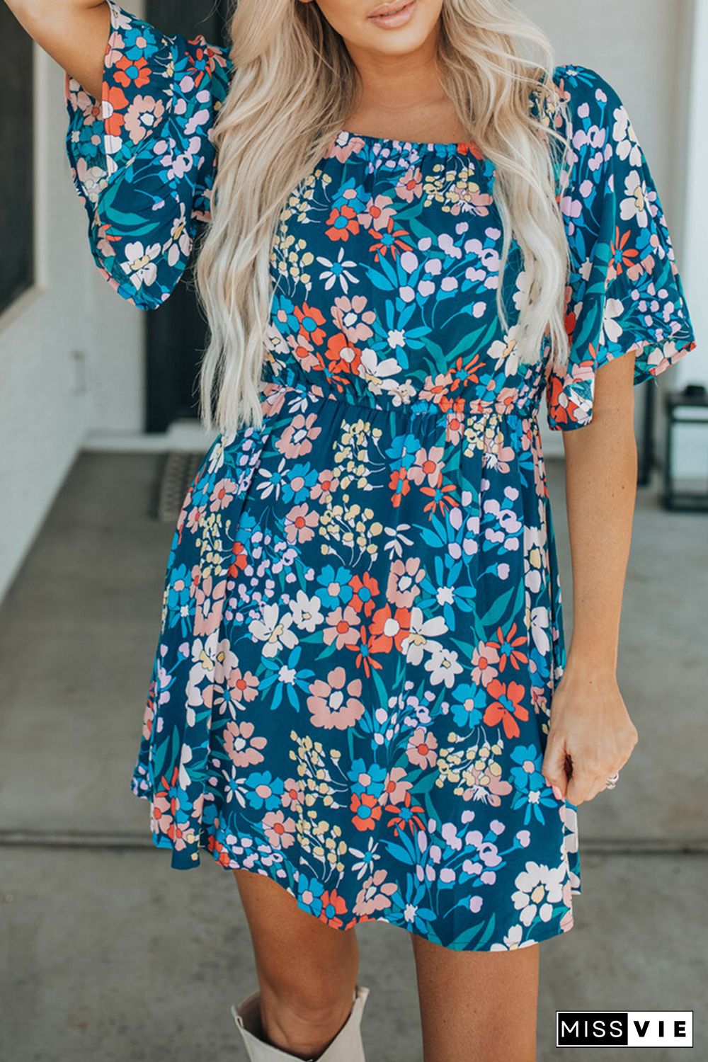 Blue Square Neck Ruffle Floral Dress