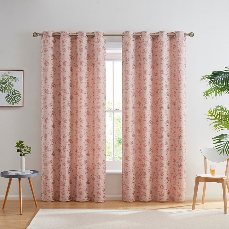 THD Zoe Burlap Flax Linen Floral Jacquard Window Grommet Long Thick Curtains Drapery Panels， Set