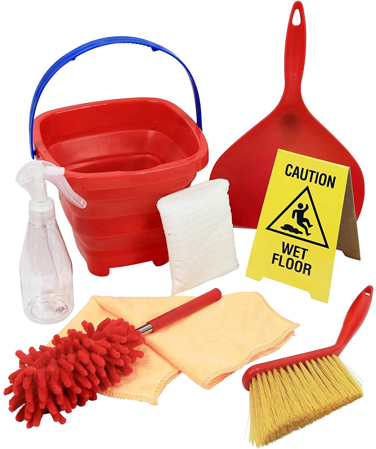 Click n' Play 10 Piece Kids Pretend Play Cleaning Set， Water Bucket， Cleaning Agent Bottles， Broom， Mop， Duster， Wet Floor Sign， Brush and Dustpan