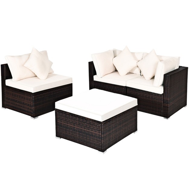 Tangkula 4pcs Patio Rattan Wicker Sectional Sofa Set Conversation Furniture Set W Cushion