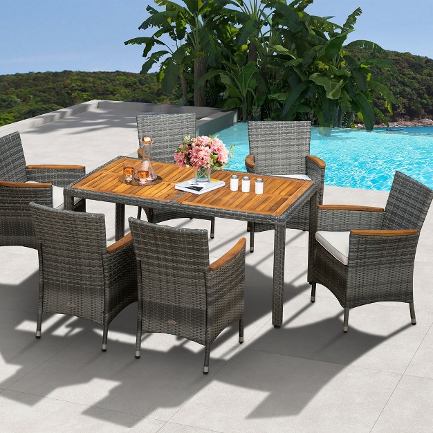 Costway 7pcs Patio Rattan Dining Set Acacia Wood Table Cushioned Chair Mix Gray