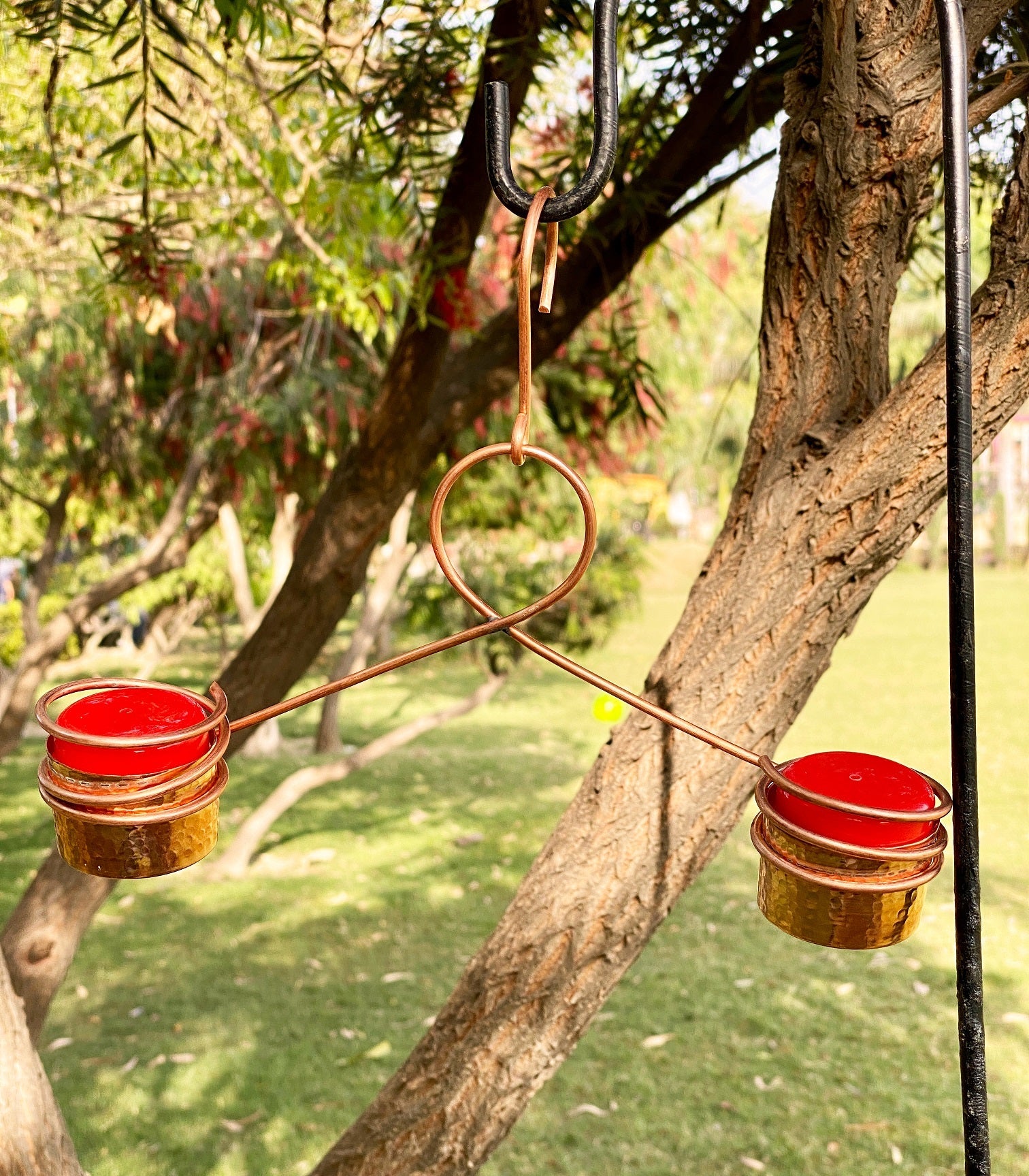 Hanging Copper Hummingbird Feeder with Double Nectar Cups