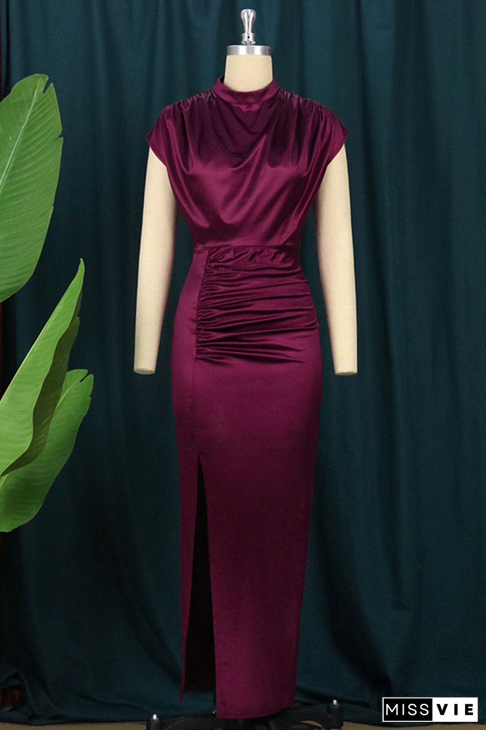 Green Fashion Sexy Solid Slit Fold Half A Turtleneck Evening Dress