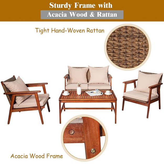 Costway 8pcs Patio Rattan Furniture Set Acacia Wood Frame Cushioned Sofa Chair Garden