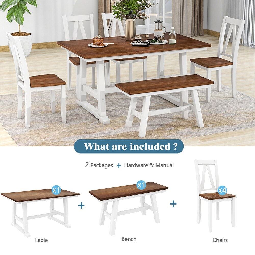 White 6 Piece Wood Dining Table Set with Long Bench and Chairs