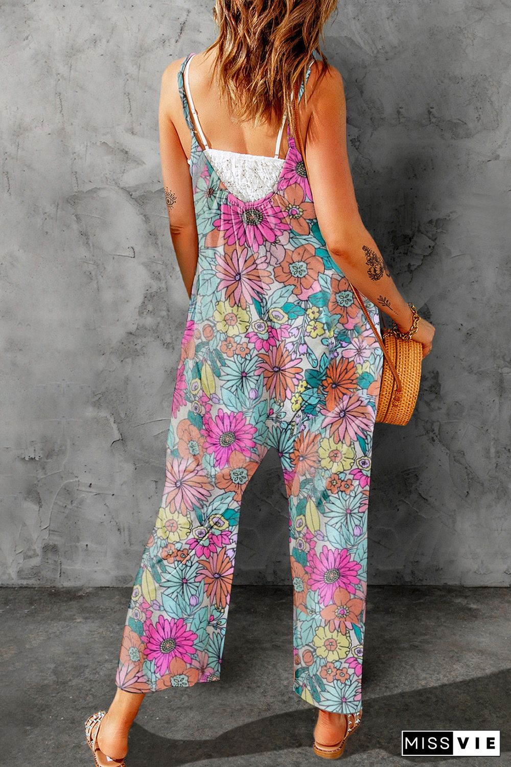 Multicolor Vibrant Summer Floral Print Spaghetti Strap Jumpsuit