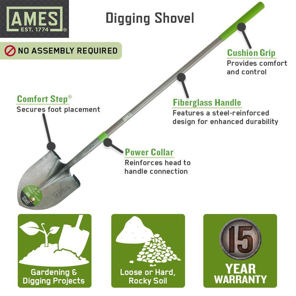 Ames 46.5 in. Fiberglass Handle Steel Blade Digging Shovel with Comfort Step 25332100