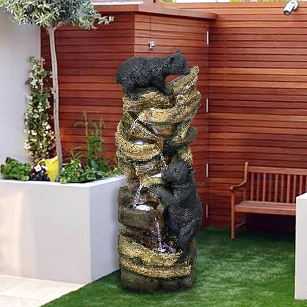 39.3in Tall Outdoor Water Fountain Resin Bear Patio Waterfall Fountain for Garden， Deck， Patio， Porch， Yard and Home Art Decor