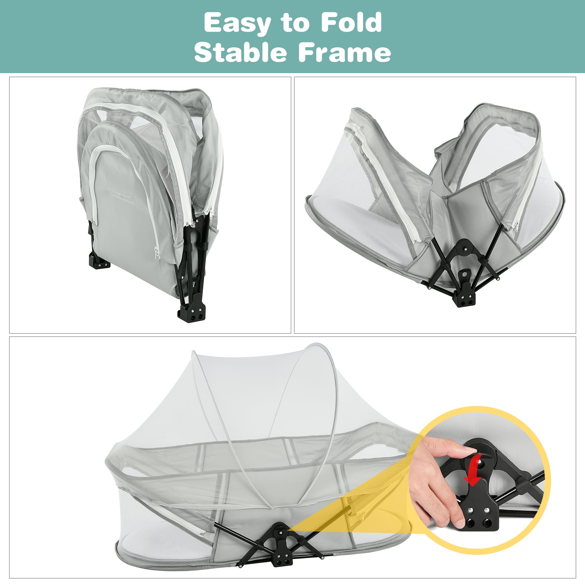 AGPTEK Travel Baby Bassinet Portable Baby Bed for Newborn Infants Folding Bedside Bed Crib with Mosquito Net Canopy Grey