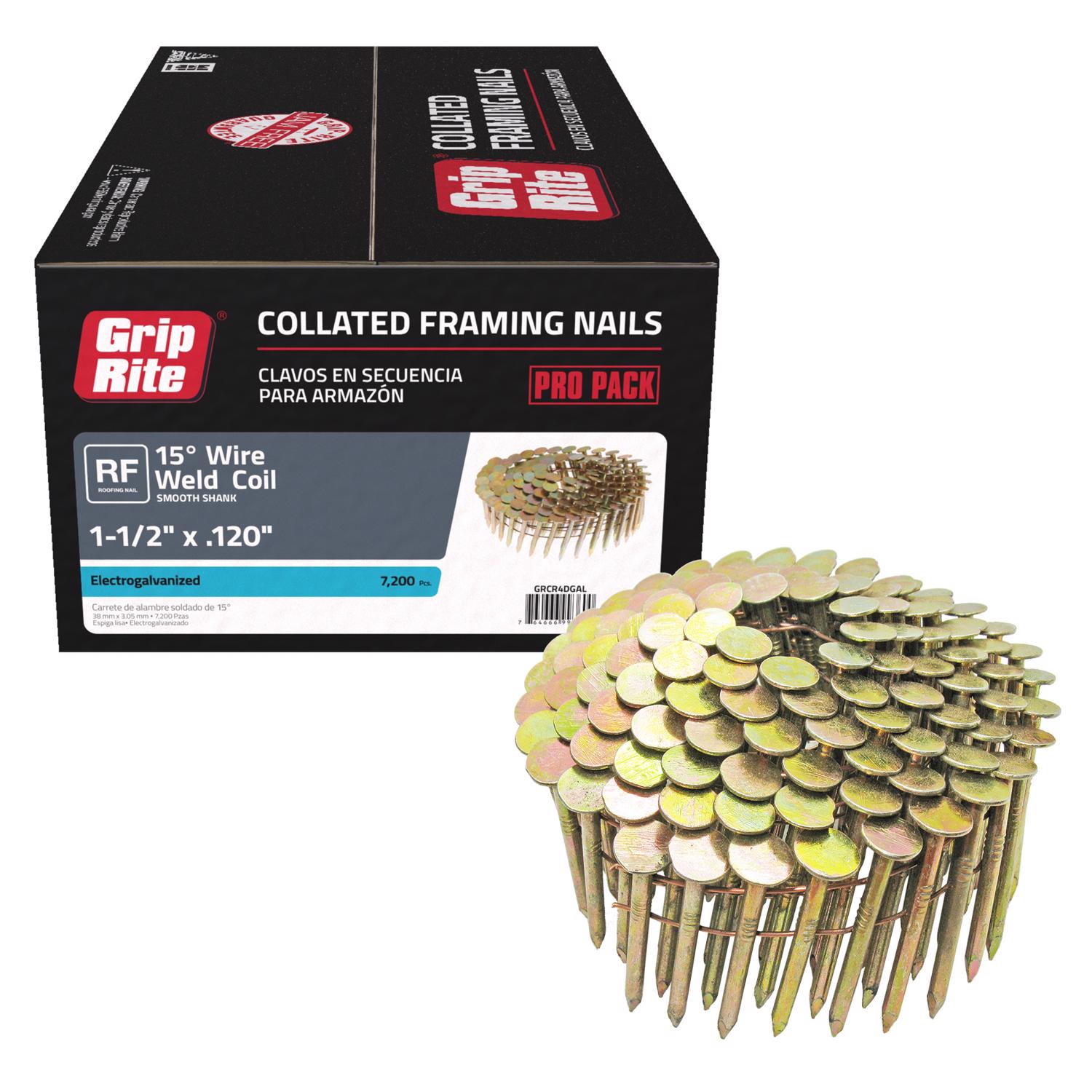 Grip-Rite 1-1/2 in. 11 Ga. Angled Coil Electro Galvanized Roofing Nails 15 deg 7200 pk