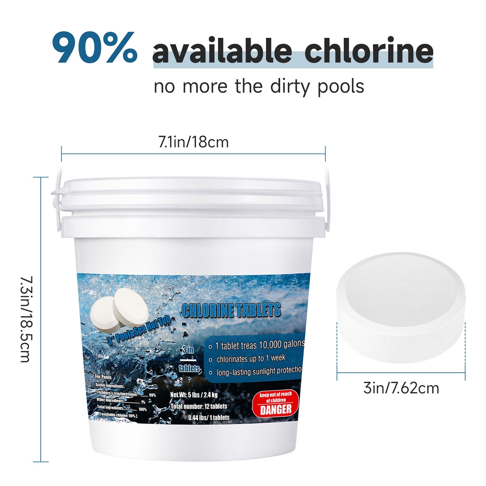 3-inch Chlorine Tablets Pool Chlorine Tablets,90% Available Chlorine, Slow Dissolving, Lasts Up To 1 Week for Pool/Hot Tub/Spa. Chlorinating Tabs 12 Pcs | One 5-Pound Bucket