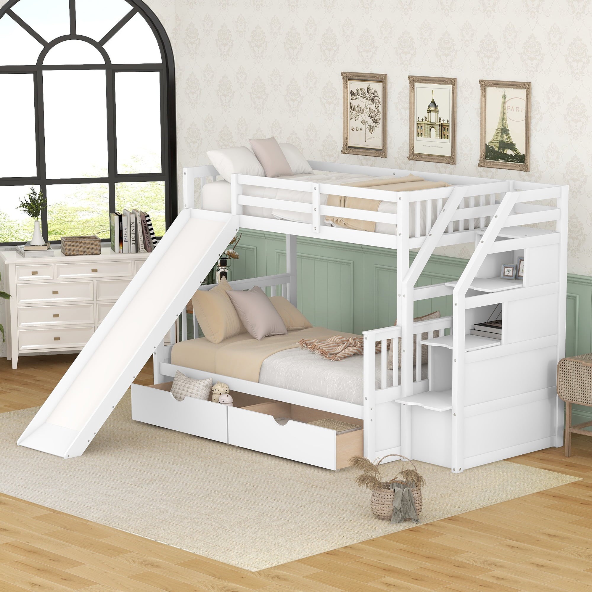 Bellemave Twin Over Full Bunk Bed with Stairs and Slide, Solid Wood Bunk Bed Frame with Storage Drawers for Kids Boys Girls Teens （White)