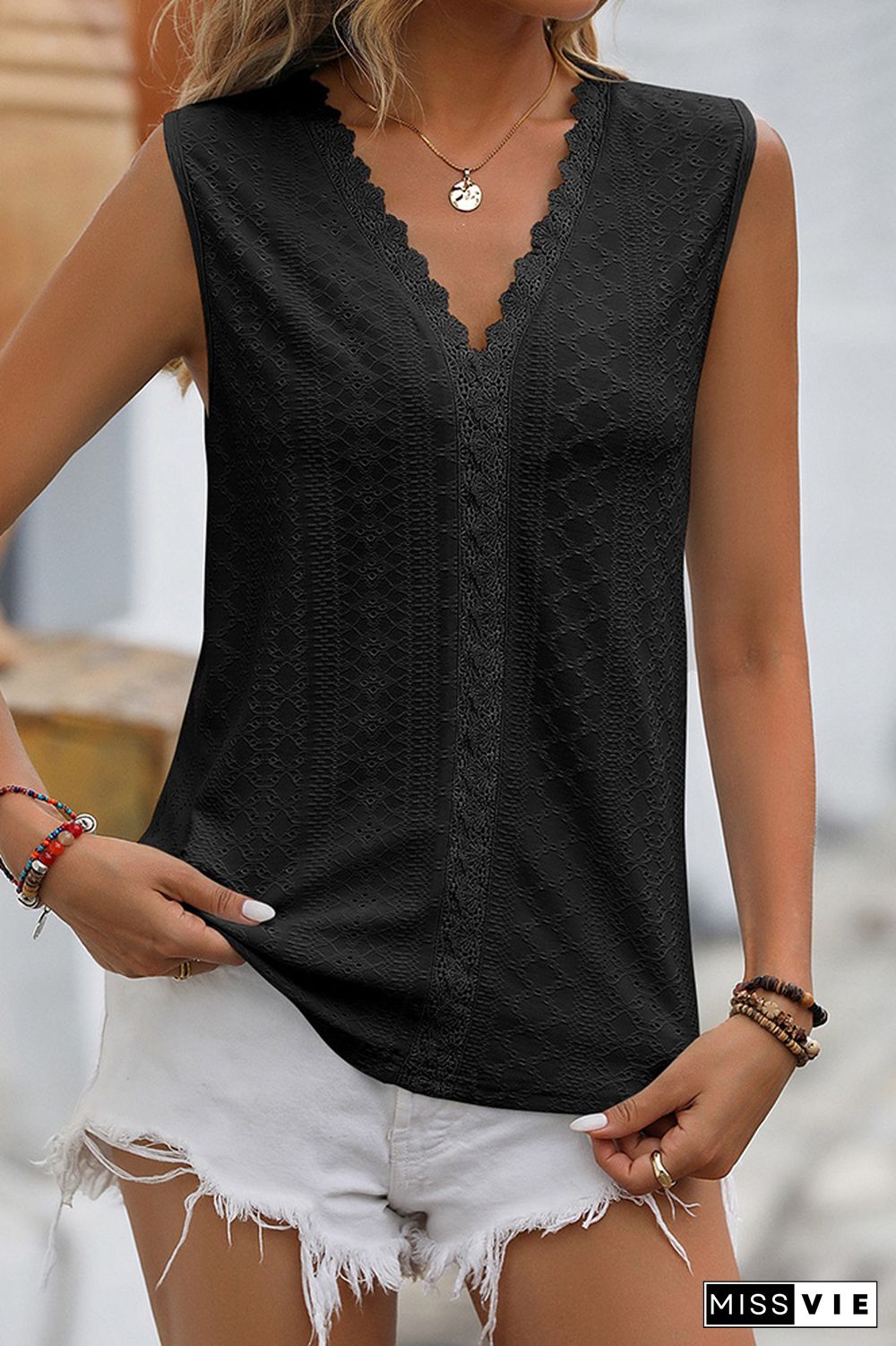 Plain V Neck Lace Edge Eyelet Pattern Tank Top