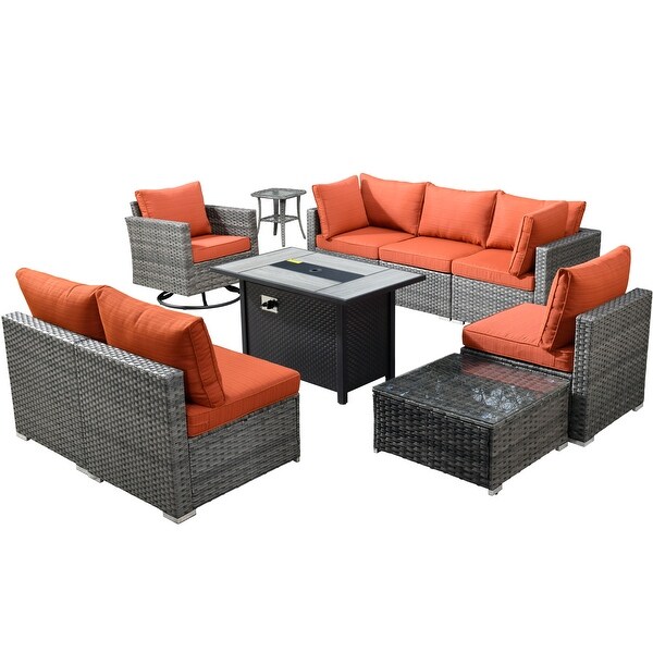 HOOOWOOO 10piece Patio Wicker Furniture Sectional Sofa Set Swivel Rocker with Fire Pit Table