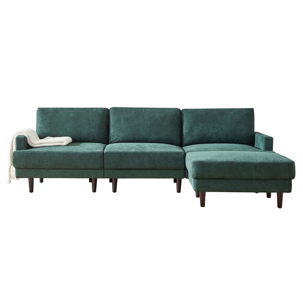 Modern Fabric Sofa L Shape Polyester Padded 3 Seater Sofas Removable Back Cushions Sofas with Ottoman and Rubber Wood Legs