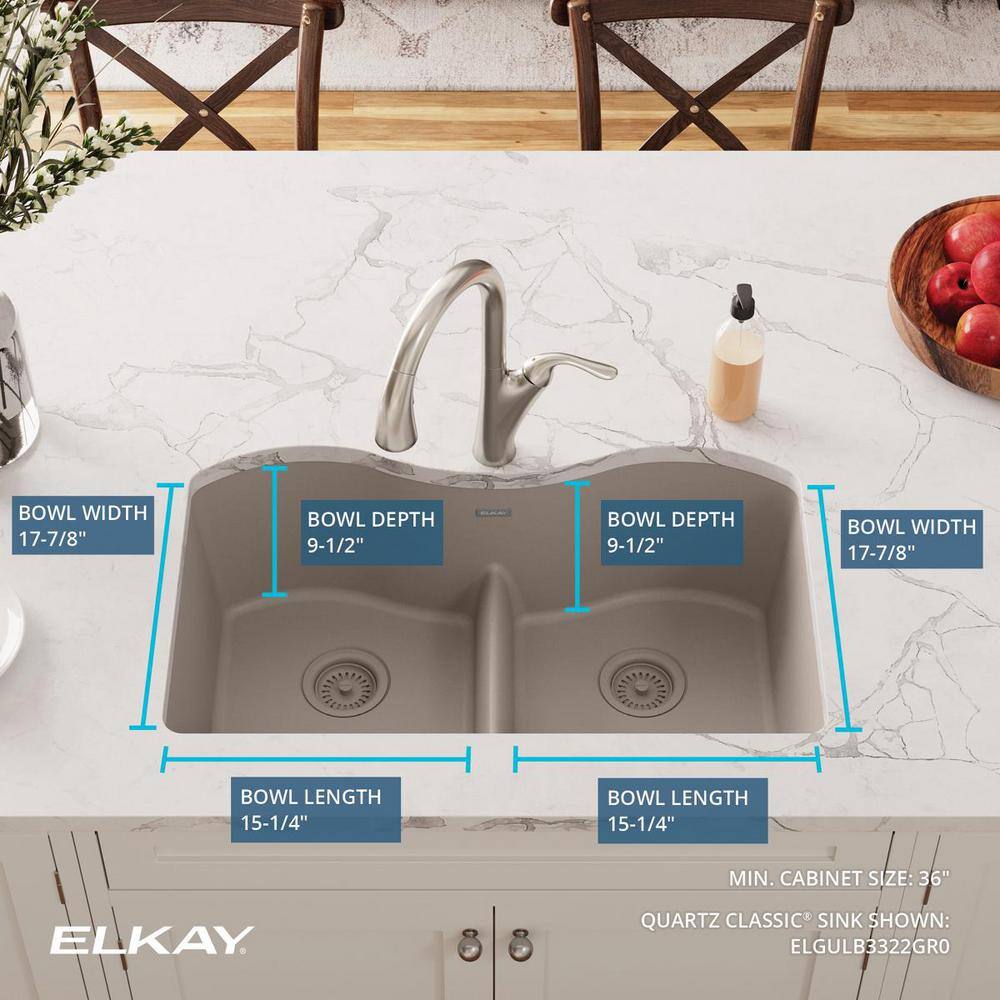 Elkay Quartz Classic Greige Quartz 33 in. Equal Double Bowl Undermount Kitchen Sink with Aqua Divide ELGULB3322GR0