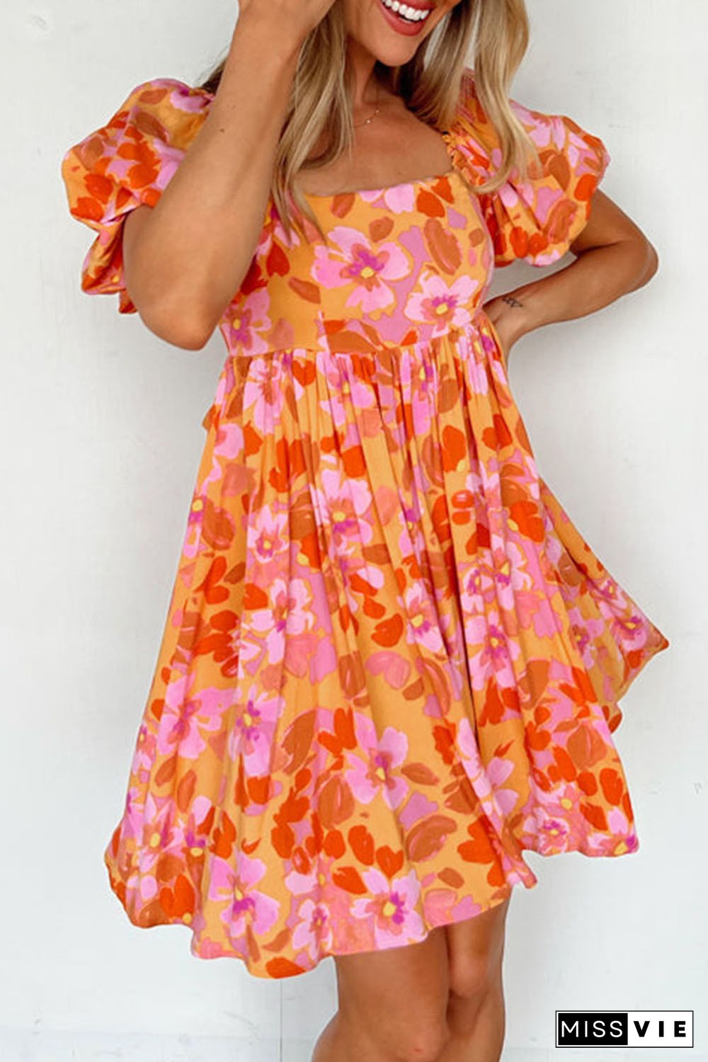 Orange Puff Sleeve Bow Knot Open Back Floral Mini Dress