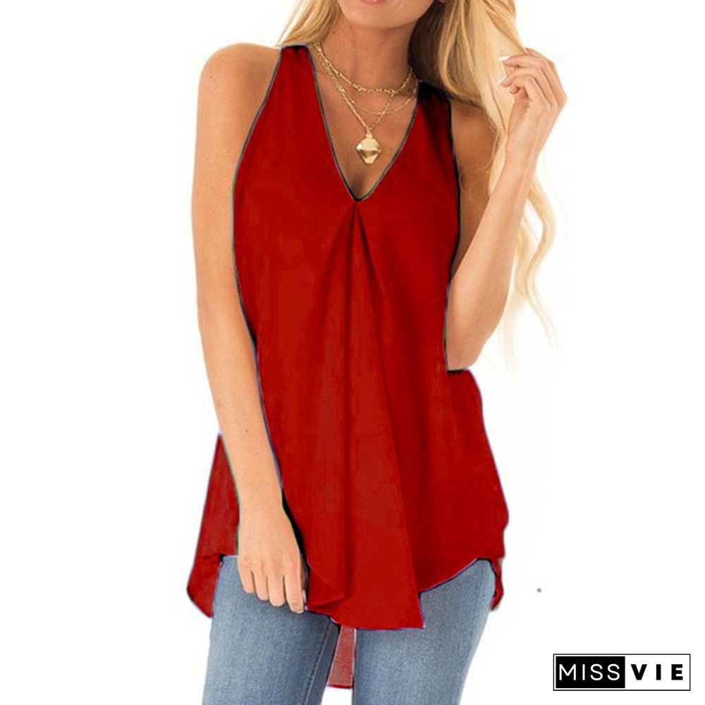 XS-8XL Spring Summer Tops Plus Size Fashion Clothes Women's Casual Off Shoulder Chiffon Blouse Summer Tops Sleeveless Blouses V-neck Solid Color Camisoles Beach Wear Vest Shirts Ladies Off Shoulder Pleated Loose Tank Tops