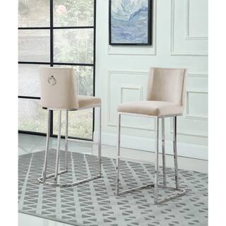 Best Quality Furniture Erin 29 in. H Cream Low Back Bar Stool Chair With Silver Chrome Base and Back Ring With Velvet Fabric (Set of 2) BS107