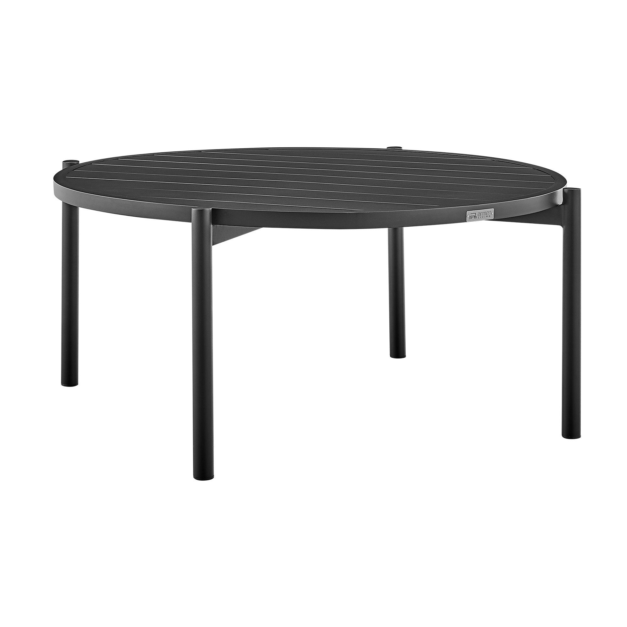 42 Inch Round Patio Coffee Table， Aluminum Frame， Slatted Surface， Black