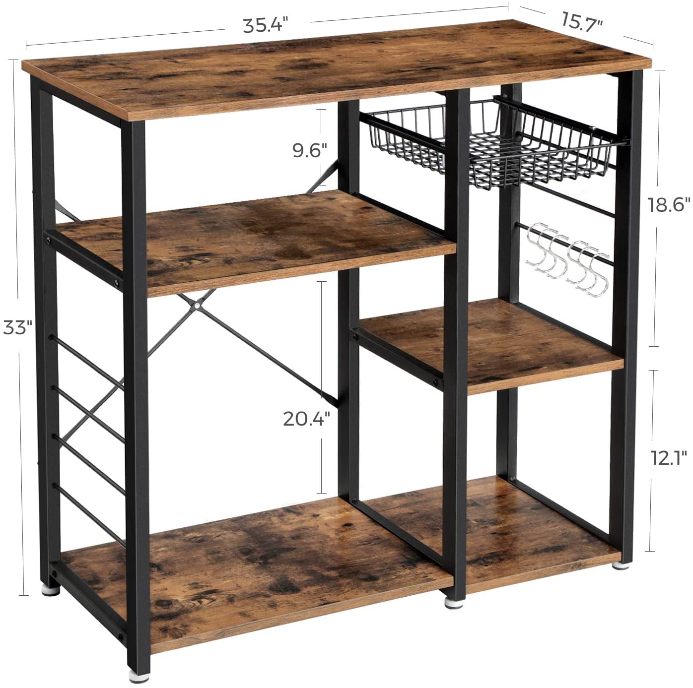 35 Industrial Kitchen Baker’s Rack， Coffee Bar， Microwave Oven Stand Metal Frame， Wire Basket 6 Hooks Mini Oven