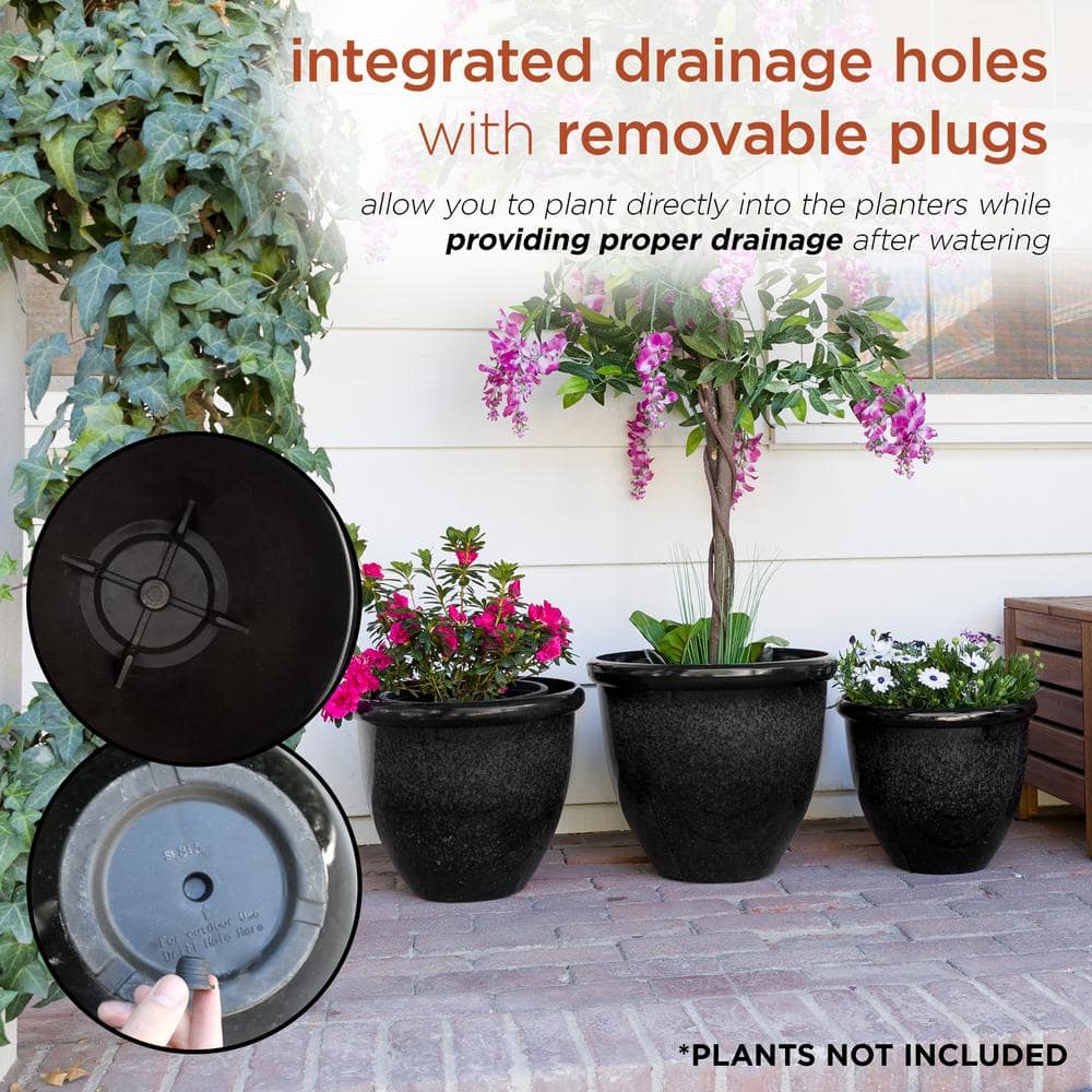 Alpine Corporation Indoor/Outdoor Stone Planters with Drainage Holes and Plugs, Speckled Black (Set of 3) CLL436A-BK