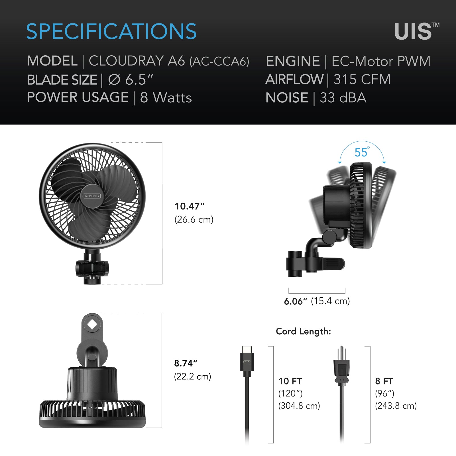 AC Infinity CLOUDRAY A6， Grow Tent Clip Fan 6” with 10-Speeds， EC-Motor， Weatherproof IP-44， Manual Swivel， Quiet Hydroponics Circulation Cooling