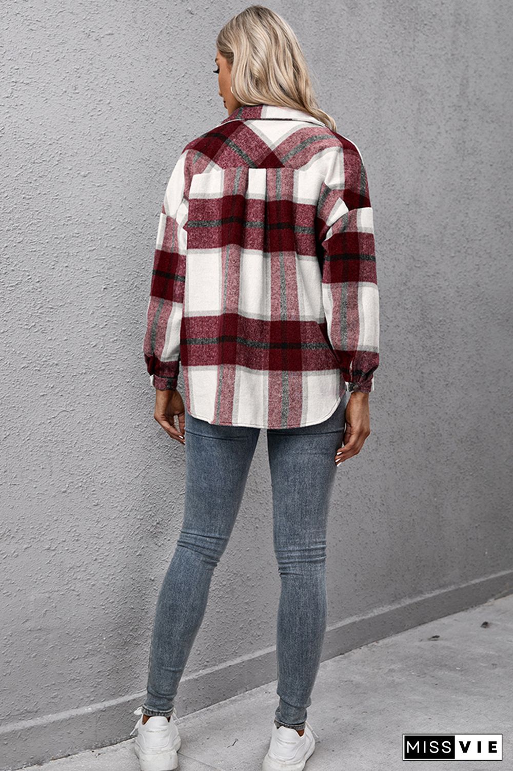 Plaid Turn Down Neck Button Down Shacket Jacket Women Wholesale