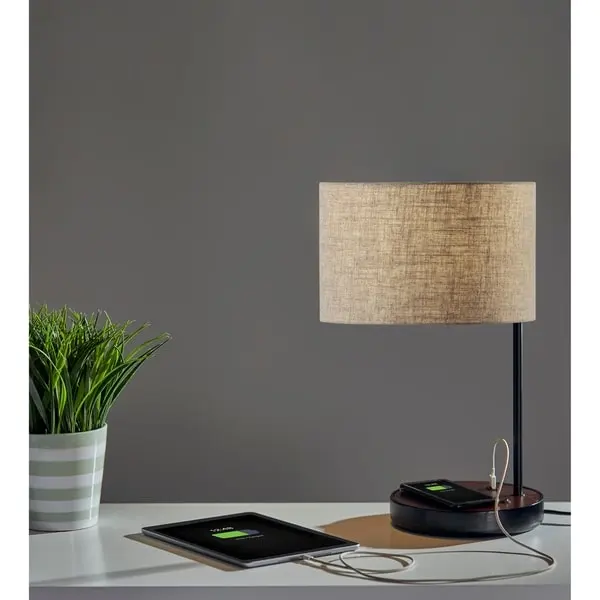 Carbon Loft Melville Matte Black/Walnut Table Lamp w/ Wireless Charging Pad/USB Port