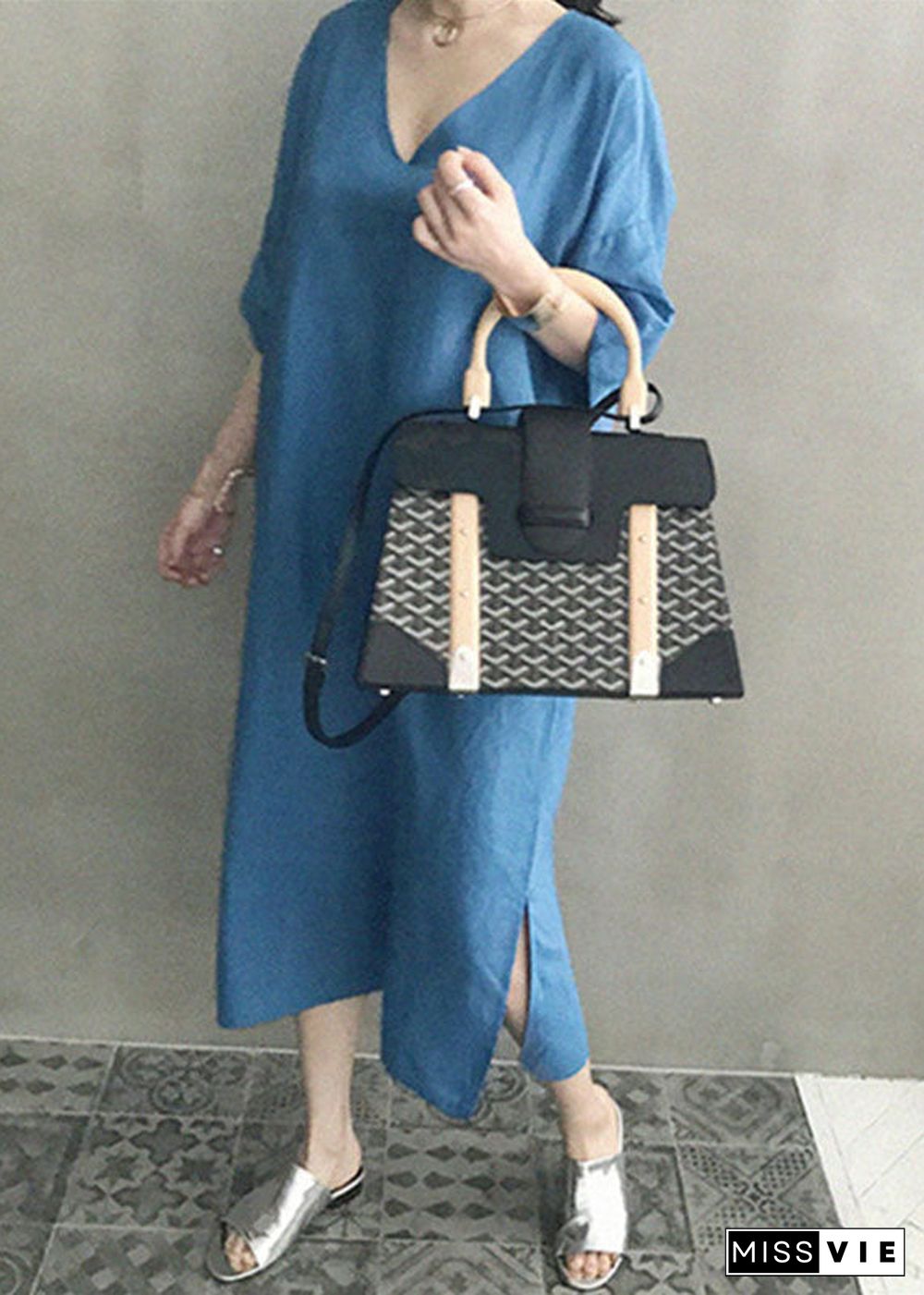 Chic Blue V Neck Patchwork Side Open Linen Maxi Dress Summer