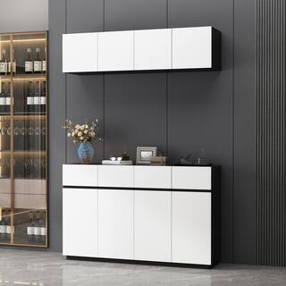 FUFUGAGA White Wood 63 in. W Buffet Kitchen Pantry Storage Cabinet With Doors Upper and lower cabinets 4-Drawers THD-260082+83