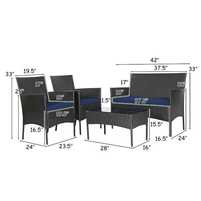 4 Pieces Patio Rattan Cushioned Sofa Furniture Set with Tempered Glass Coffee Table