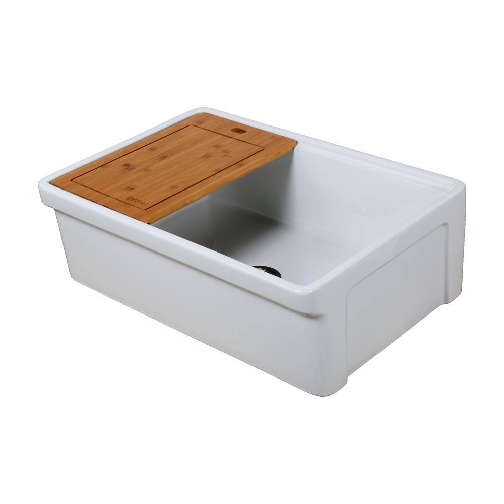 Empire Industries Tosca Farmhouse Fireclay 30 in. Single Bowl Kitchen Sink in White with Cutting-Board Bottom Grid and Strainer TO30