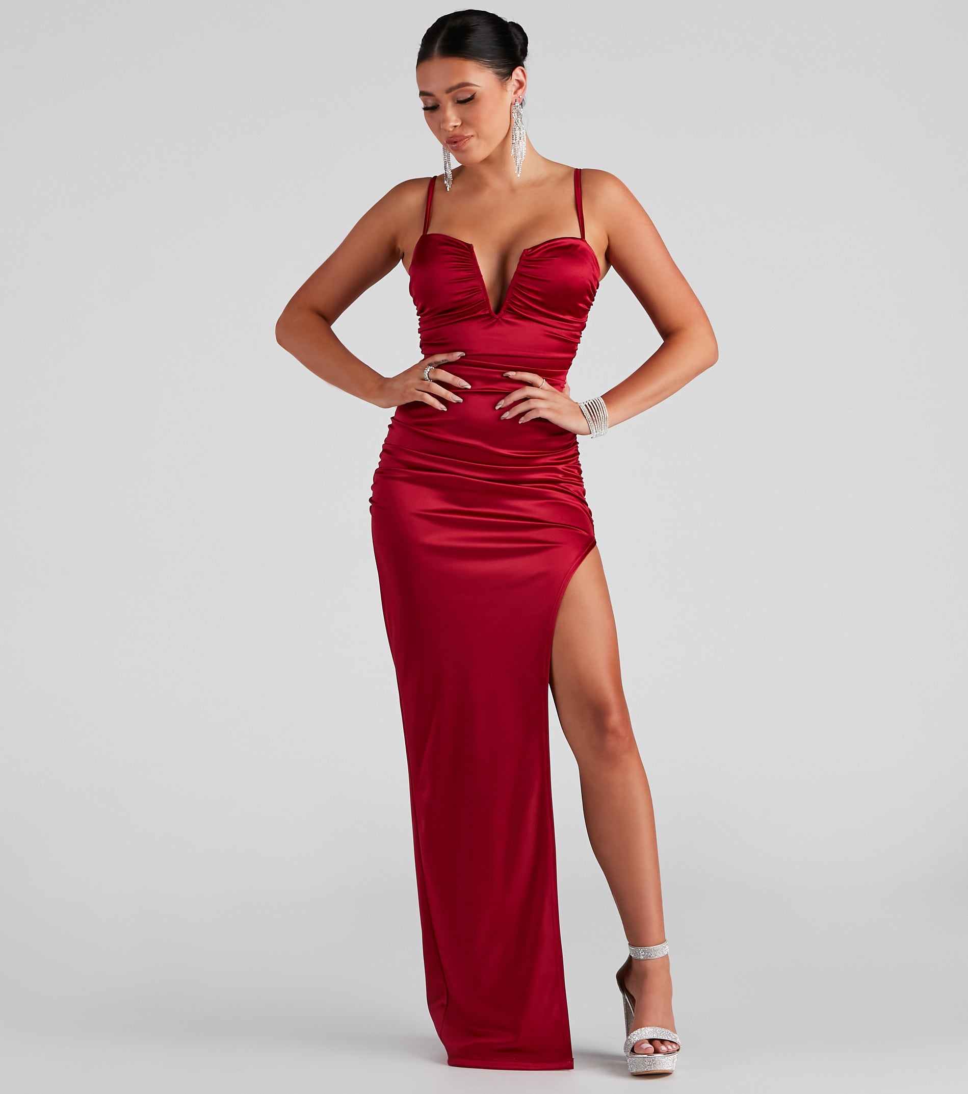 Jessa Formal Satin V-Neck Slit Dress