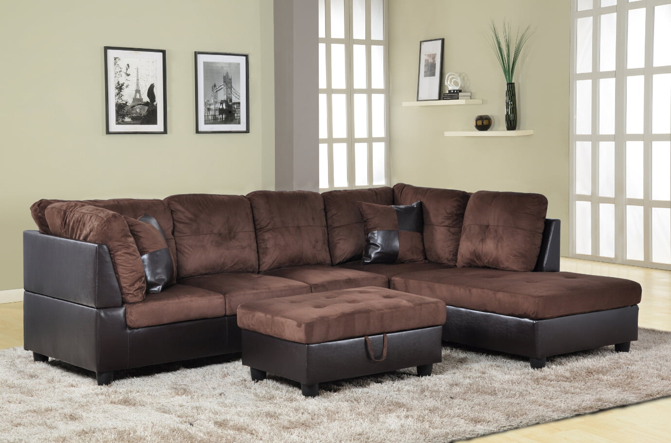 For-U Furnishing Charming Chocolate Micro Fiber Sectional Sofa, Right Facing Chaise, 74.5